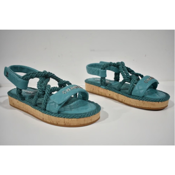 Chanel 21S Dad Green Blue Cord Rope CC Quilted Mule Ankle Strap Sandal Flat 40 - Picture 9 of 12